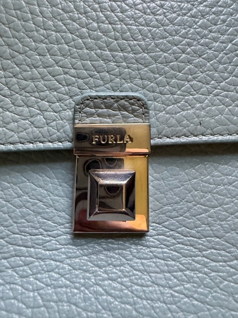 Furla Pebbled Leather Satchel in Pale Blue with Gold Hardware